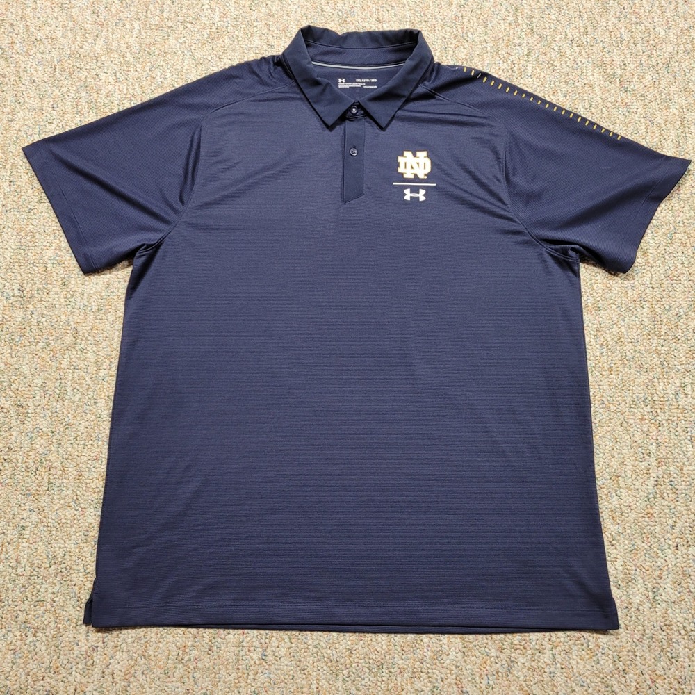 Under Armour Notre Dame Polo Shirt Mens 2XL Navy Blue HeatGear Performance NCAA